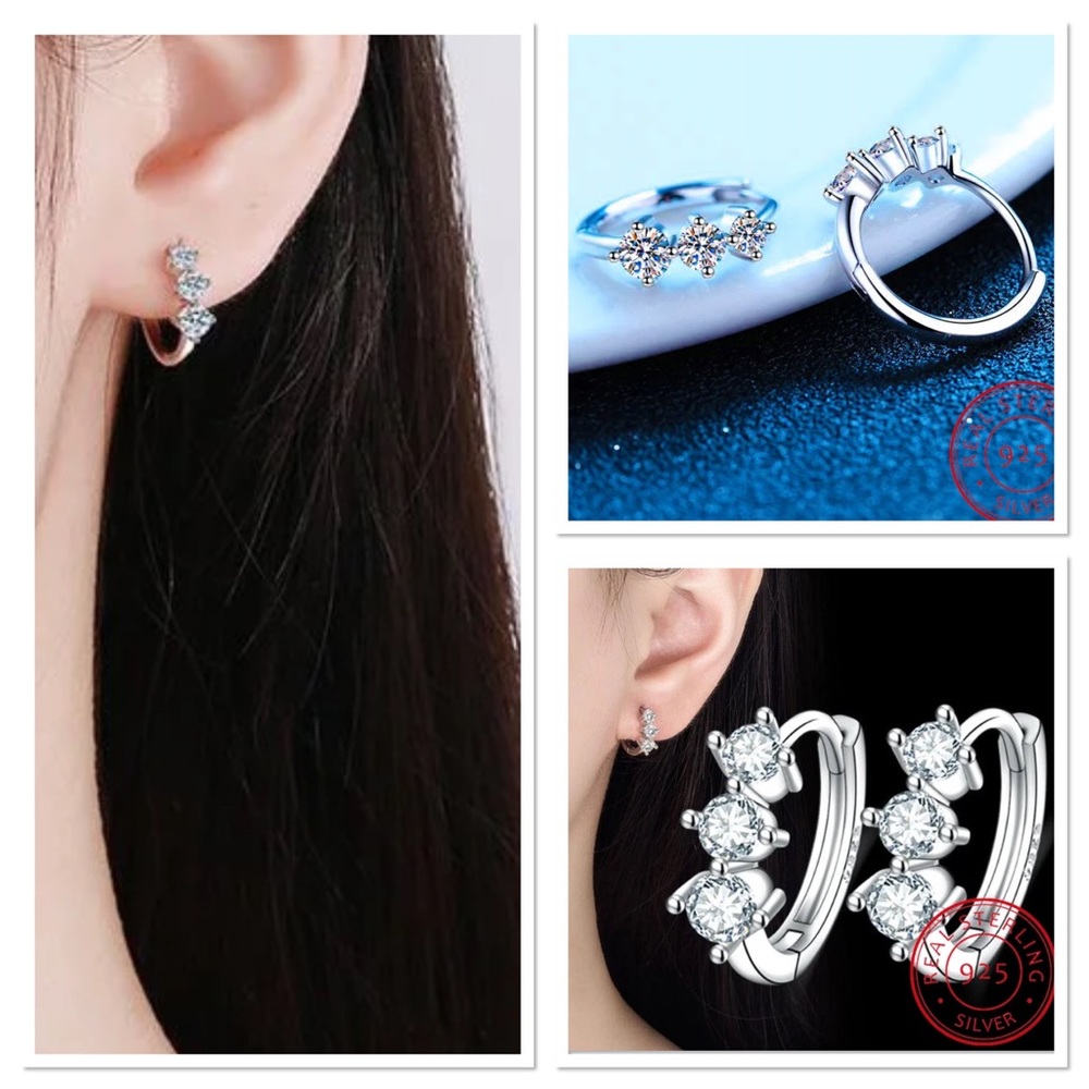 ♨️S925 Sterling Silver 3 Stone D-Color Moissanite Diamond Huggie Earrings